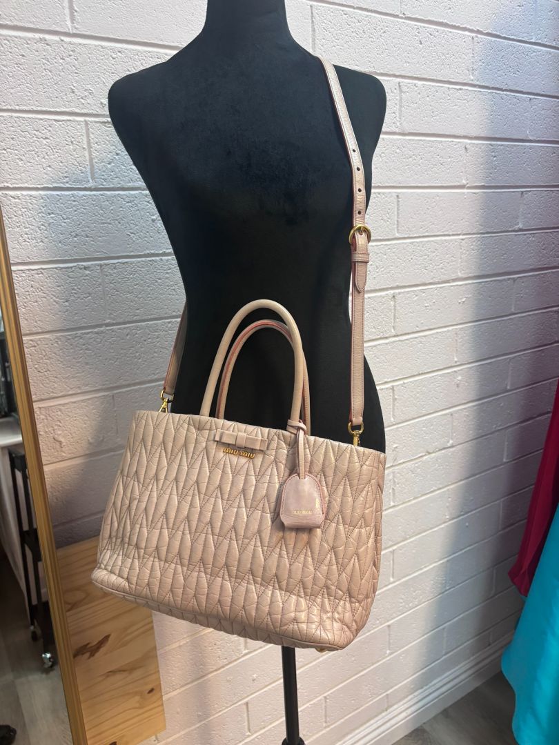 Miu Miu Blush Matelasse Bow Leather Tote