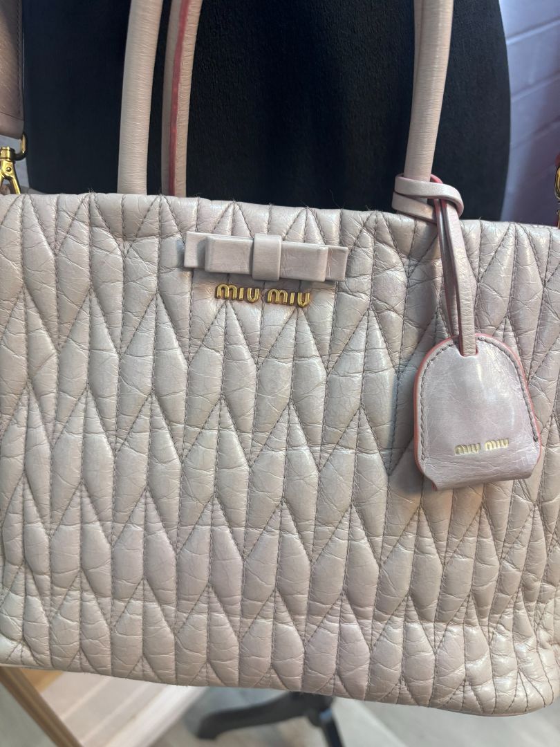 Miu Miu Blush Matelasse Bow Leather Tote