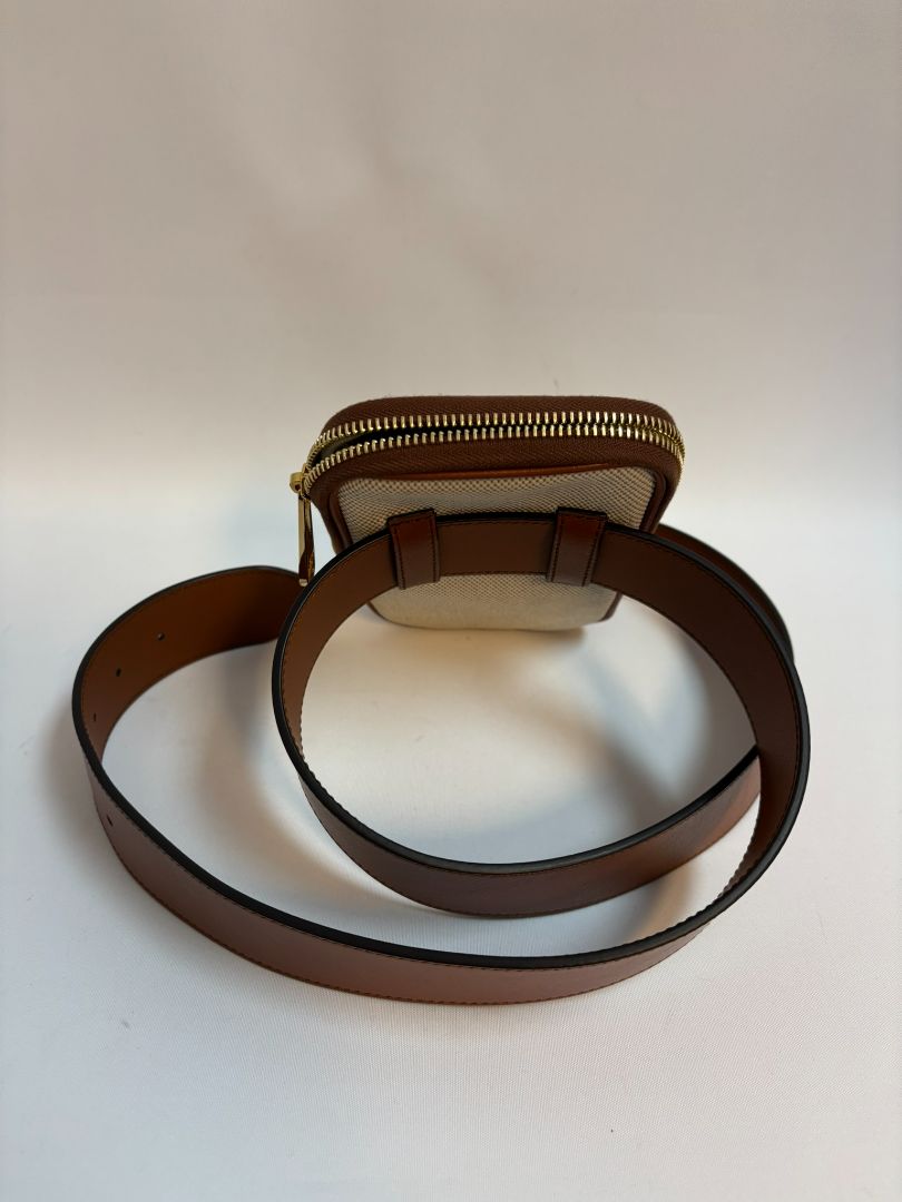 tan and white Gucci belt bag, 4x 6.5 x 1