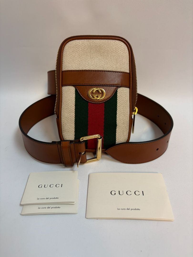 tan and white Gucci belt bag, 4x 6.5 x 1
