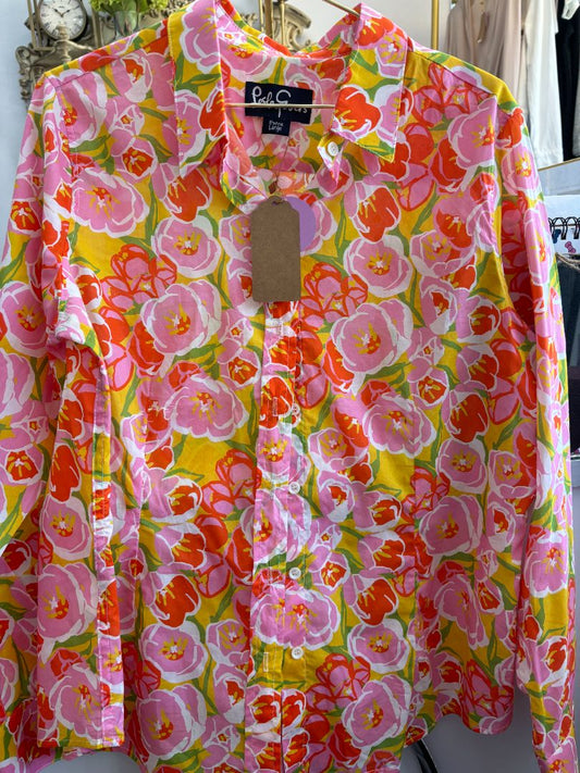 pink yellow & green Lesley Evers floral multi shirt button down, XL