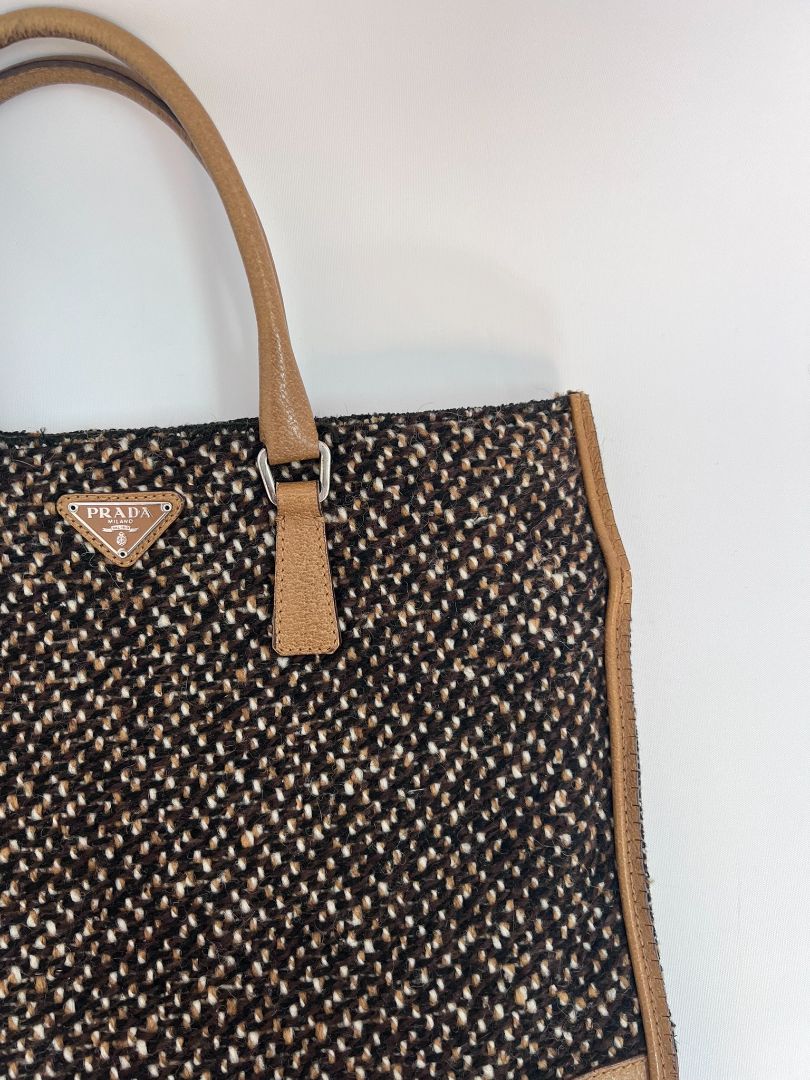 brown and yellow Prada small tote, 10.5 x 11.5