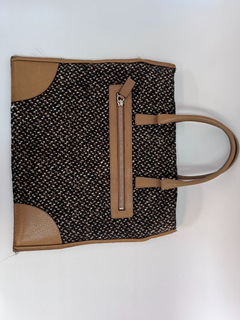 brown and yellow Prada small tote, 10.5 x 11.5