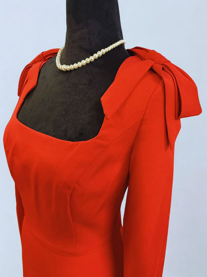 True scarlet red LEENA McDUGAL Structured Square-Neck Bow Gown