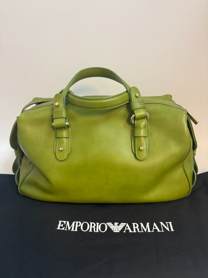 green Giorgio Armani boston bag, 15 L x 7w x 7.5 H