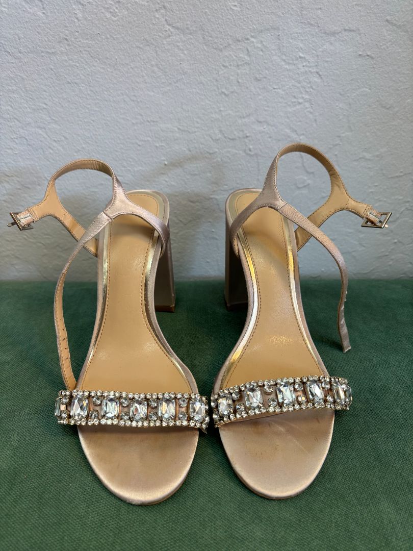 champagne Badgley Mishka jeweled strappy blocked sandals, 7