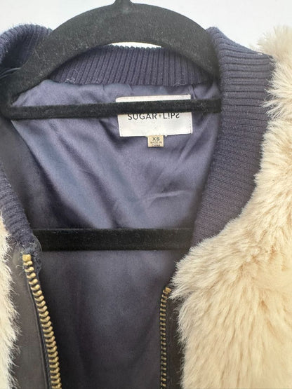 white Sugar + Lips faux fur bomber jacket, xs