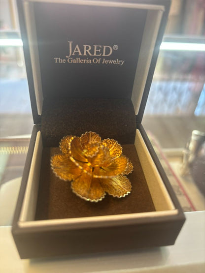 gold tone Jared brooch, Dimensions (Estimated from visual cues) • Diameter: ~2 inches (5.08 cm) • Height: ~1 inch (2.54 cm) • Weight: Unknown, but likely lightweight due to filigree structure