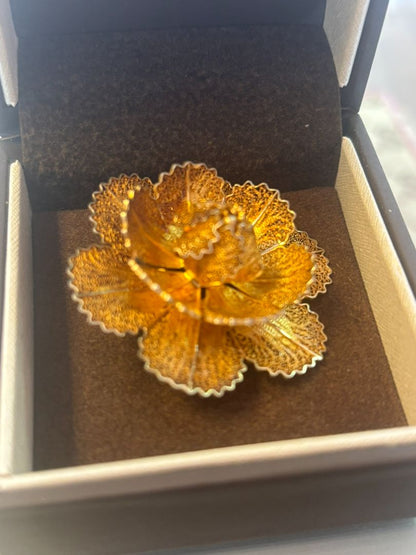 gold tone Jared brooch, Dimensions (Estimated from visual cues) • Diameter: ~2 inches (5.08 cm) • Height: ~1 inch (2.54 cm) • Weight: Unknown, but likely lightweight due to filigree structure