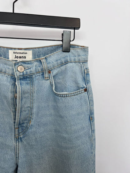 light blue wash Reformation straight jeans, 28