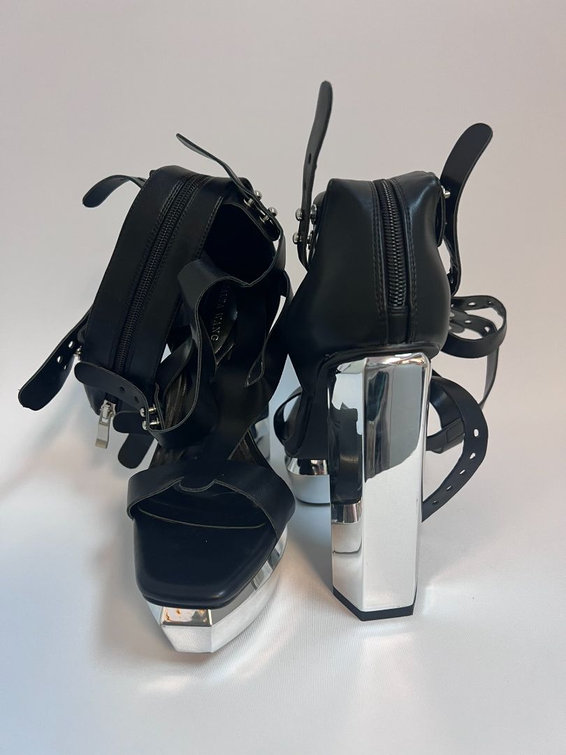 black silver Azalea Wang open toed heels, 7.5