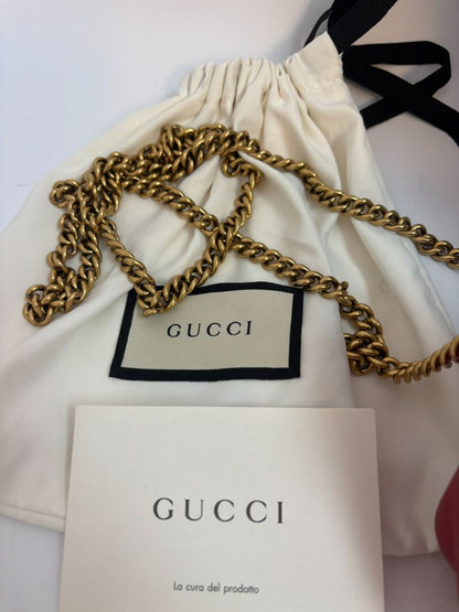 red GUCCI super Mini Bag Matelassé Leather, Width: 6.2 in (16 cm) Height: 4 in (10.2 cm) Depth: 1.8 in (4.6 cm) Chain Drop: 22 in (crossbody)