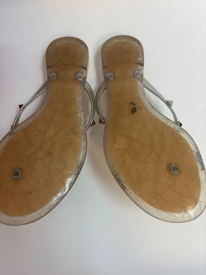 silver Valentino Garavani Rockstud Jelly Bow Thong Sandals, 37/ DIMENSIONS (Size EU 39 / US 9) Footbed Length: ~10.5 in Heel Height: Flat (~0.25 in molded heel)