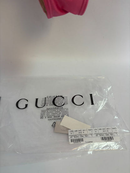 pink GUCCI One-Piece Logo Swimsuit, (Size S): Length (top to bottom): ~25–27 in Bust (unstretched): ~12 in Waist: ~11 in