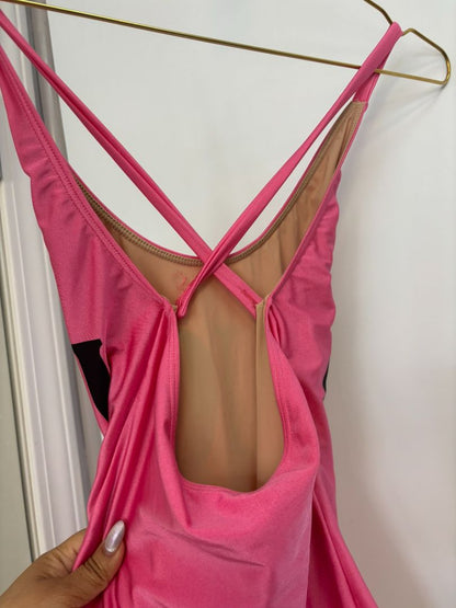 pink GUCCI One-Piece Logo Swimsuit, (Size S): Length (top to bottom): ~25–27 in Bust (unstretched): ~12 in Waist: ~11 in