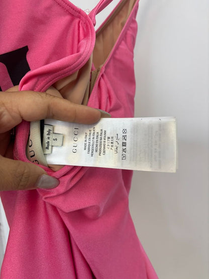 pink GUCCI One-Piece Logo Swimsuit, (Size S): Length (top to bottom): ~25–27 in Bust (unstretched): ~12 in Waist: ~11 in