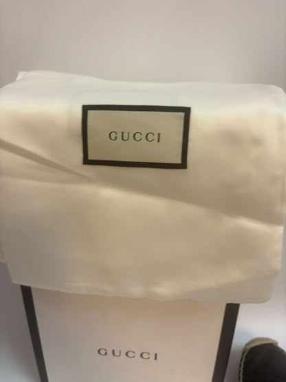 black Gucci matelese shoes, Length: 10 in Heel Height: 0.6 in (flat jute sole) Width: 3.5 in Style Fit: Slip-on, structured