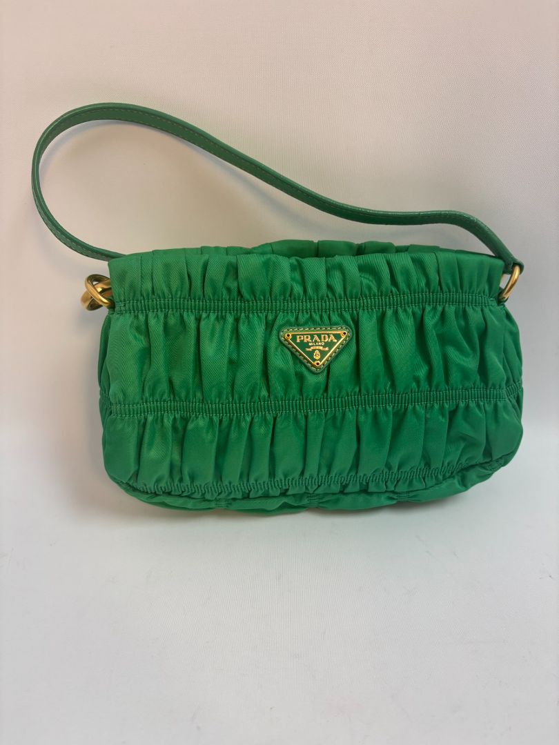 green Prada Tessuto Nylon mini shoulder bag, Length: 9 in Height: 5.5 in Depth: 2.5 in Strap Drop: 7 in (shoulder)