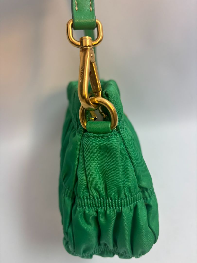 green Prada Tessuto Nylon mini shoulder bag, Length: 9 in Height: 5.5 in Depth: 2.5 in Strap Drop: 7 in (shoulder)