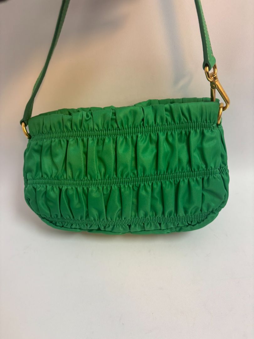 green Prada Tessuto Nylon mini shoulder bag, Length: 9 in Height: 5.5 in Depth: 2.5 in Strap Drop: 7 in (shoulder)