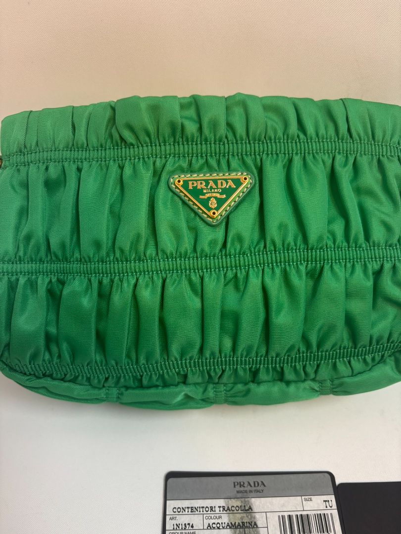 green Prada Tessuto Nylon mini shoulder bag, Length: 9 in Height: 5.5 in Depth: 2.5 in Strap Drop: 7 in (shoulder)