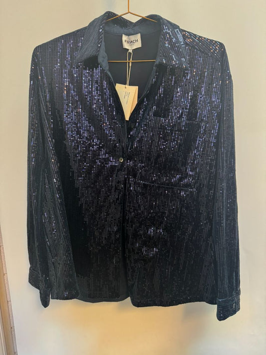 navy blue FRNCH Paris Maelle sparkle blue button up, Length: 26.5 in Bust (flat): 21.5 in Sleeve Length: 23.5 in Shoulder to Shoulder: 17 in Fit: Relaxed, slightly boxy silhouette with structured shoulders