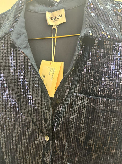 navy blue FRNCH Paris Maelle sparkle blue button up, Length: 26.5 in Bust (flat): 21.5 in Sleeve Length: 23.5 in Shoulder to Shoulder: 17 in Fit: Relaxed, slightly boxy silhouette with structured shoulders