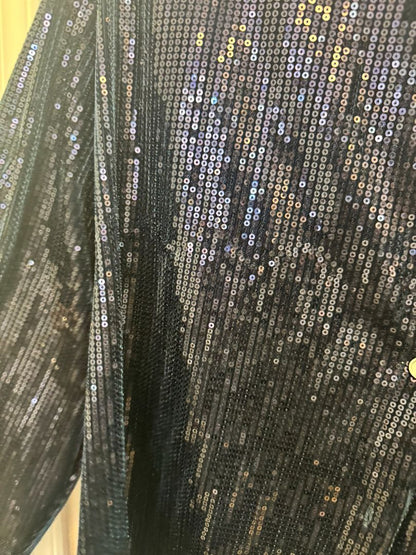 navy blue FRNCH Paris Maelle sparkle blue button up, Length: 26.5 in Bust (flat): 21.5 in Sleeve Length: 23.5 in Shoulder to Shoulder: 17 in Fit: Relaxed, slightly boxy silhouette with structured shoulders