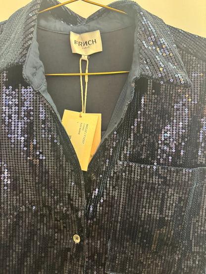 navy blue FRNCH Paris Maelle sparkle blue button up, Length: 26.5 in Bust (flat): 21.5 in Sleeve Length: 23.5 in Shoulder to Shoulder: 17 in Fit: Relaxed, slightly boxy silhouette with structured shoulders