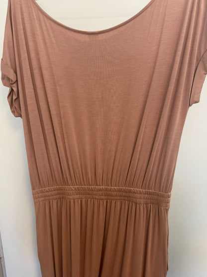Mauve breathe again bamboo blend midi dress, XLDimensions (Flat Lay Estimate) • Bust: 21 in (approx. 42 in around) • Waist (Elastic): 13–18 in stretched (approx. 26–36 in around) • Length (shoulder to hem): Approx. 52 in