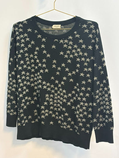 black and gold Saint Laurent metallic sweater, Dimensions (Approximate – Women’s Size M)** Bust (flat): 18 in Length (shoulder to hem): 25 in Sleeve Length: 23.5 in Shoulder to Shoulder: 15.5 in Fit: Slim to relaxed, true to size
