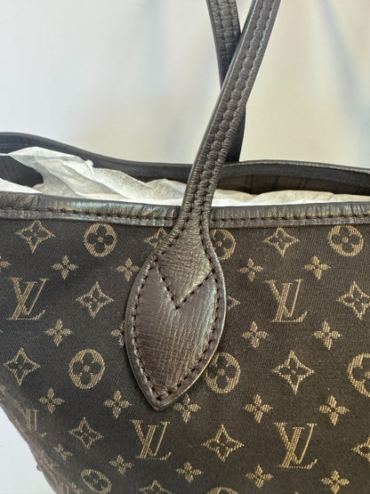 brown Louis Vuitton Mini Lin Monogram Tote – Rare Discontinued Style (Cabas Sac), Height: 13 in Depth: 6.5 in Handle Drop: 8.5 in (Note: These measurements align with the Mini Lin or Idylle Cabas tote sizing.)