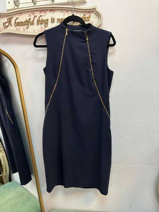 navy calvin klein gold tone sheath dress double zip, M