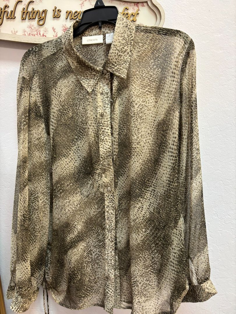 animal print Chico's sheer button down shirt, M