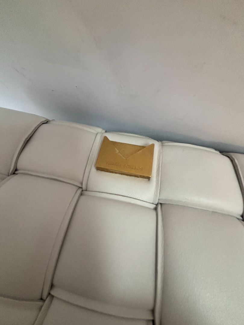 chalk Bottega Veneta padded woven cassette design Daniel Lee, Width: ~9.5 inches (24 cm) Height: ~7 inches (18 cm) Depth: ~2 inches (5 cm) Top Handle Drop: ~5 inches (13 cm) Shoulder Strap Drop: ~18 inches (46 cm)