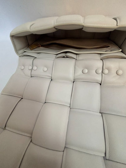 chalk Bottega Veneta padded woven cassette design Daniel Lee, Width: ~9.5 inches (24 cm) Height: ~7 inches (18 cm) Depth: ~2 inches (5 cm) Top Handle Drop: ~5 inches (13 cm) Shoulder Strap Drop: ~18 inches (46 cm)