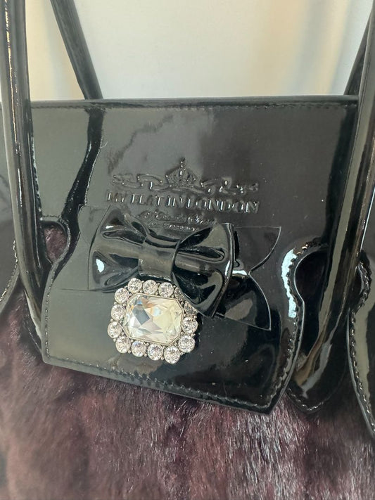 burgundy and black My Flat in London faux fur patent leather bow tote, Dimensions Height: 10 in (25 cm) Width: 13 in (33 cm) Depth: 5 in (13 cm) Handle Drop: 6 in (15 cm)