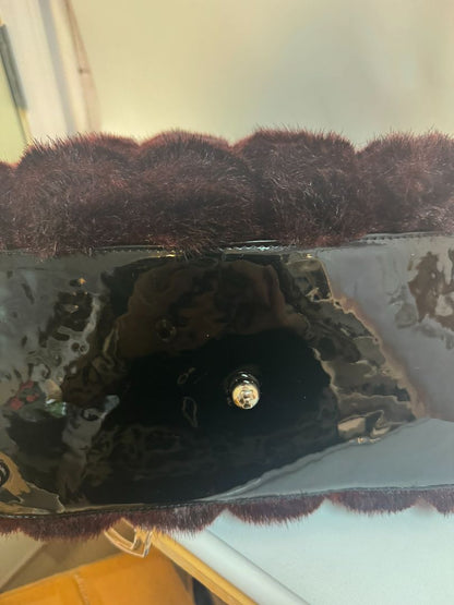 burgundy and black My Flat in London faux fur patent leather bow tote, Dimensions Height: 10 in (25 cm) Width: 13 in (33 cm) Depth: 5 in (13 cm) Handle Drop: 6 in (15 cm)