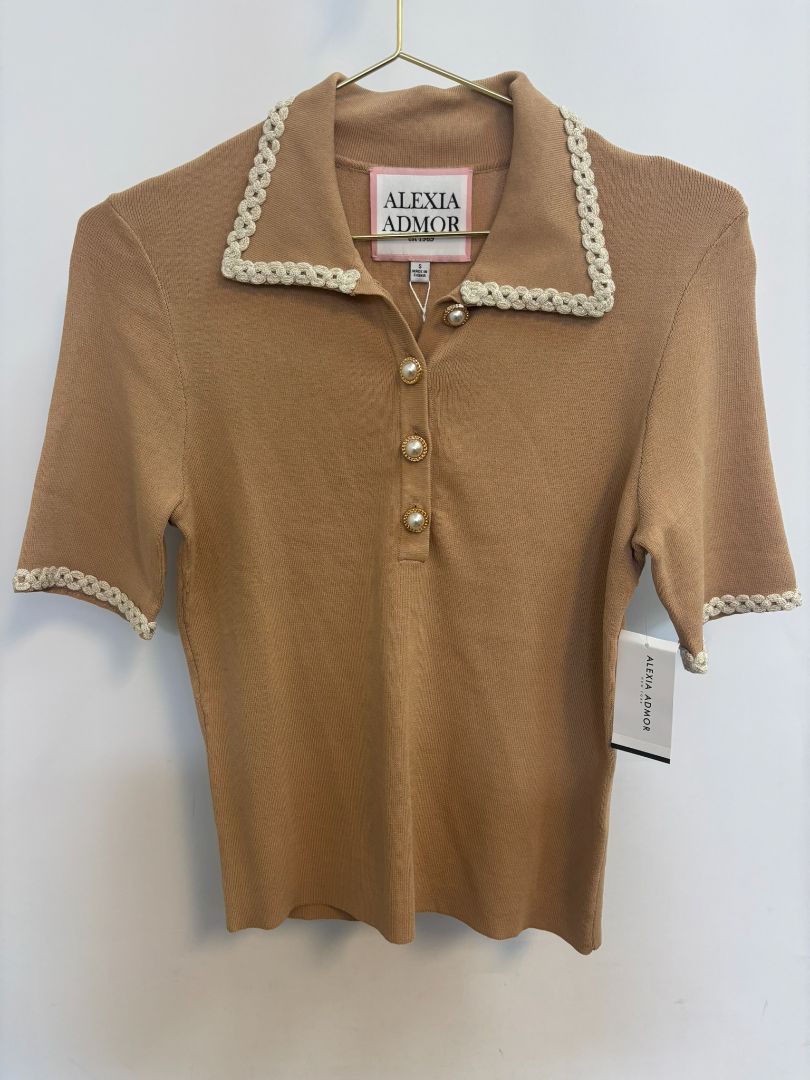 camel Alexia Admor Pearl Button Knit Polo Top, S