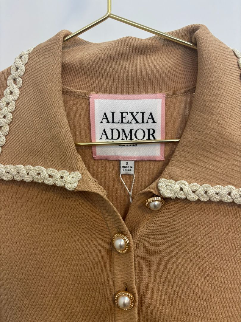camel Alexia Admor Pearl Button Knit Polo Top, S