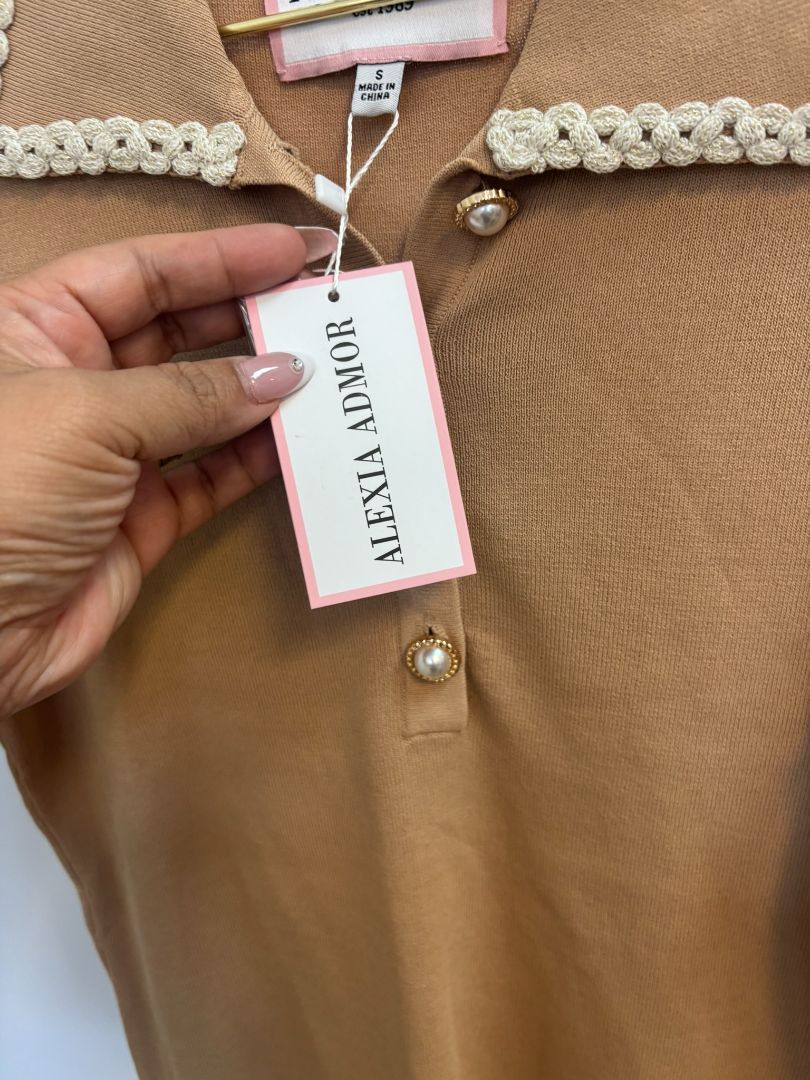 camel Alexia Admor Pearl Button Knit Polo Top, S