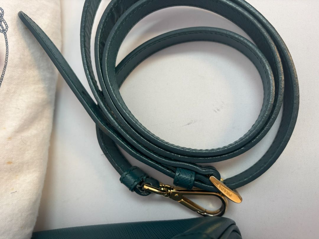 deep teal Prada Model: Double Zip Lux Tote (also known as Galleria Tote), Width: 11.5 inches (29 cm) Height: 8 inches (20 cm) Depth: 5 inches (13 cm) Handle Drop: 4 inches (10 cm) Strap Drop: 19–21 inches adjustable (48–53 cm)