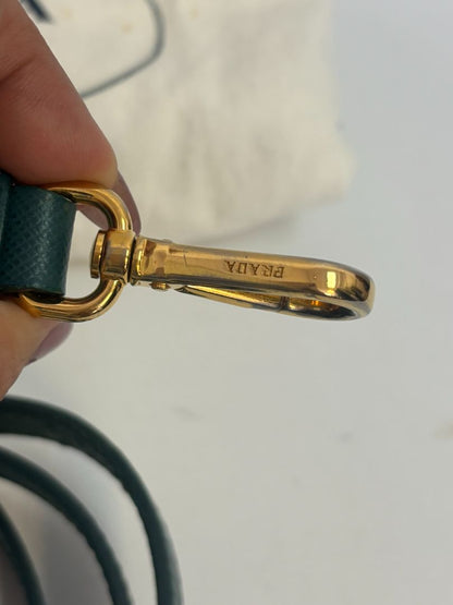 deep teal Prada Model: Double Zip Lux Tote (also known as Galleria Tote), Width: 11.5 inches (29 cm) Height: 8 inches (20 cm) Depth: 5 inches (13 cm) Handle Drop: 4 inches (10 cm) Strap Drop: 19–21 inches adjustable (48–53 cm)