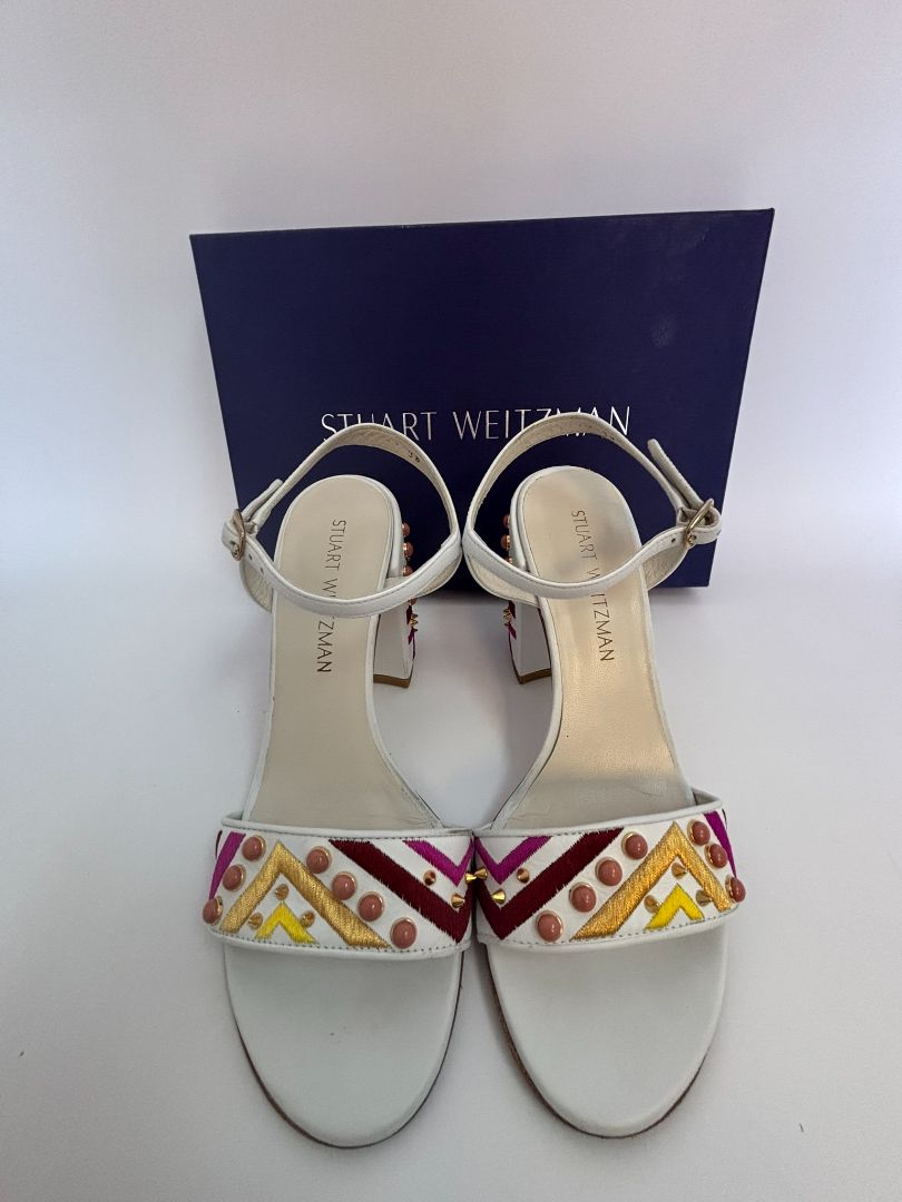 white with multi color Stuart Weitzman stacked heel sandals, 38 EU