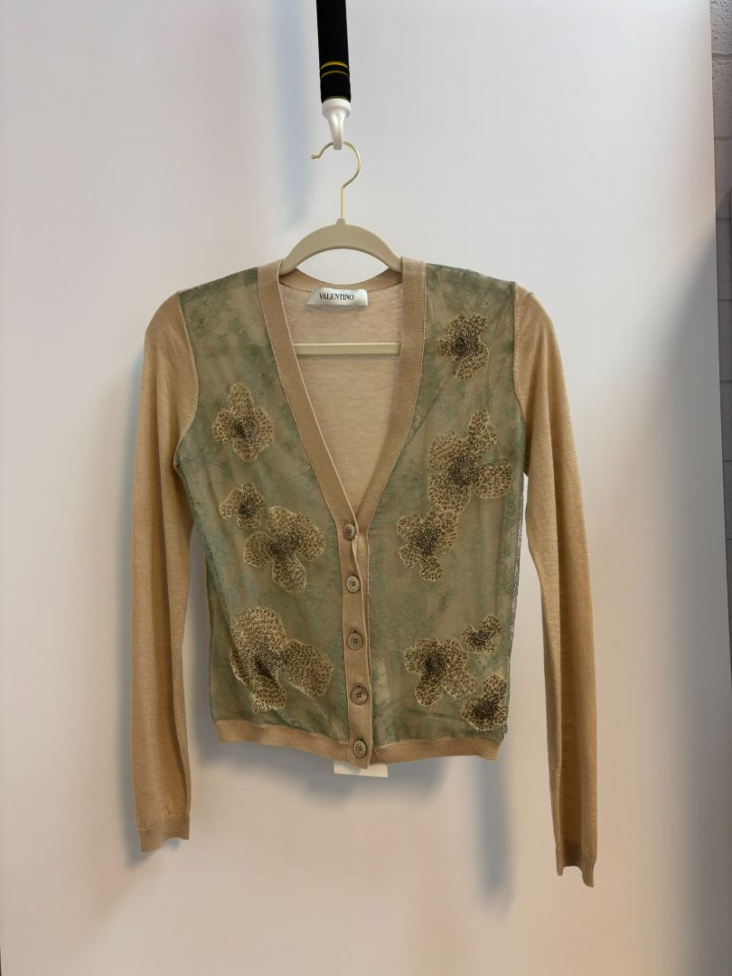 beige multi Valentino silk embroided buttoned cardigan, S
