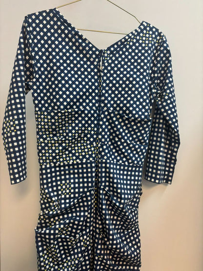 blue and yellow Samantha Sung v neck dress, L