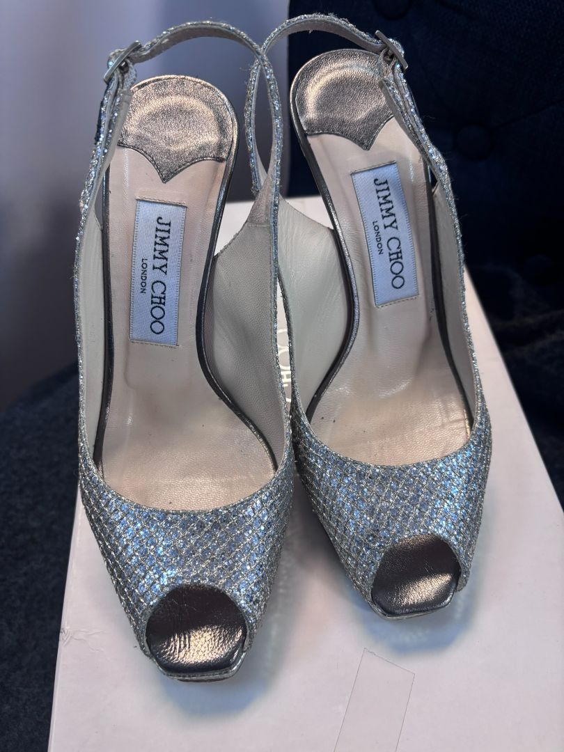 silver Jimmy Choo sling backs, 36