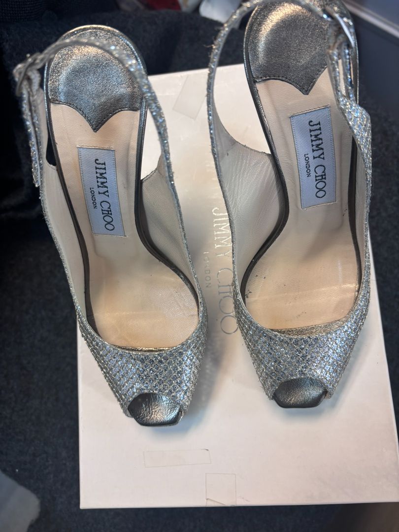 silver Jimmy Choo sling backs, 36