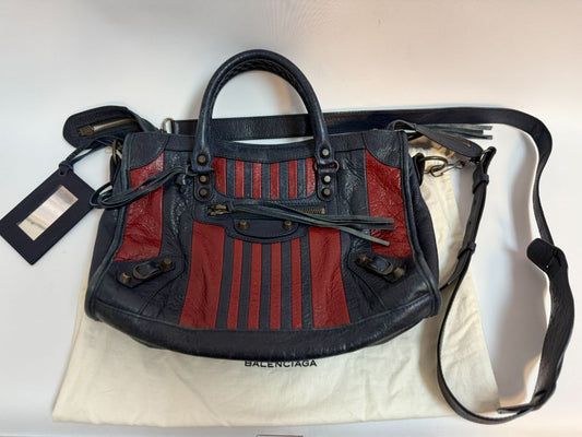 navy and red Balenciaga 2 WAY BAG, 9.6H x 14.9W x 5.1 D