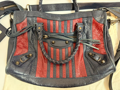 navy and red Balenciaga 2 WAY BAG, 9.6H x 14.9W x 5.1 D